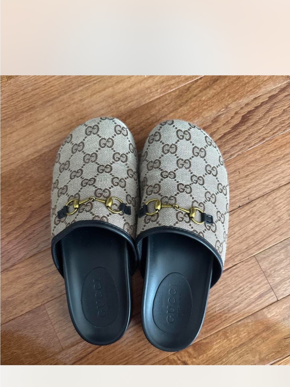 Gucci Beige GG Canvas Horsebit Mules with Black Footbed